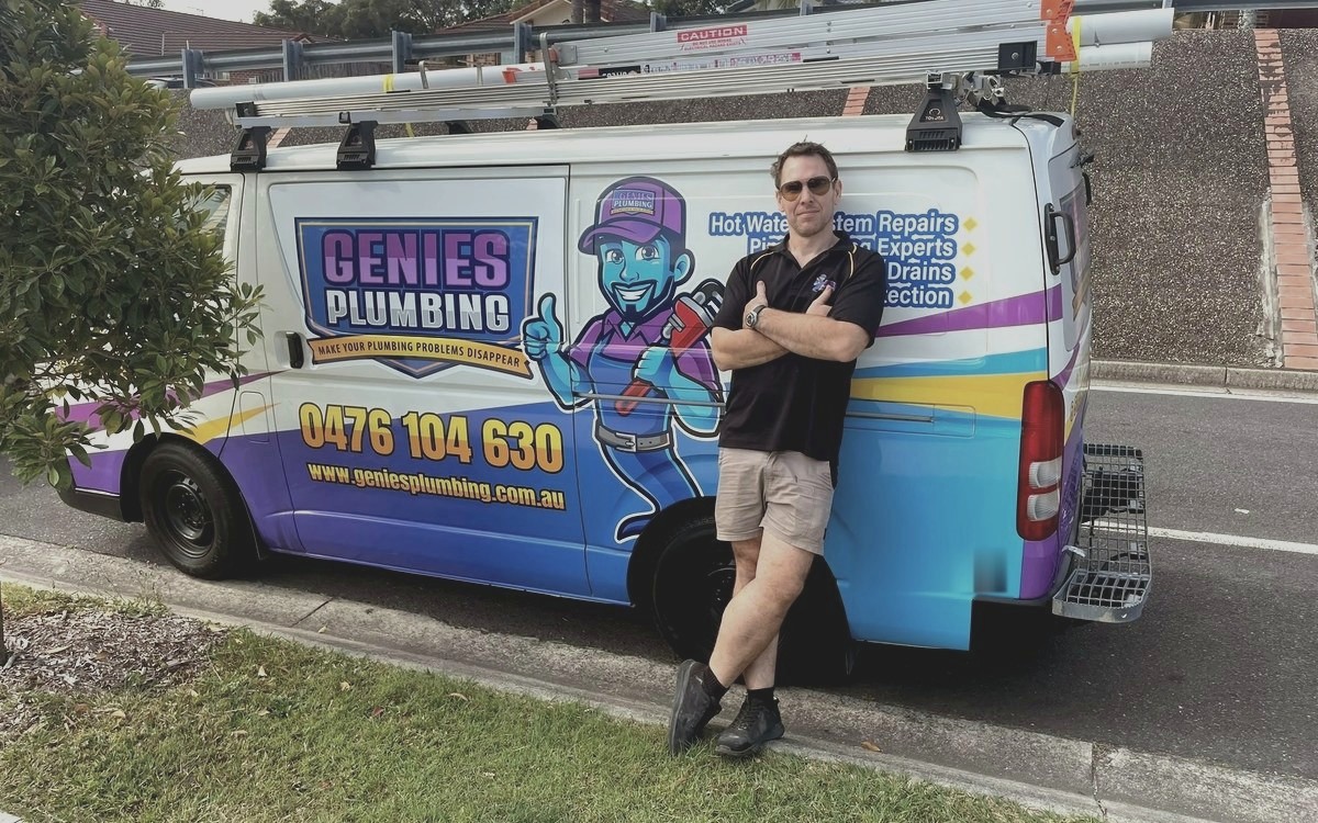 Genies Plumbing van and licensed plumber
